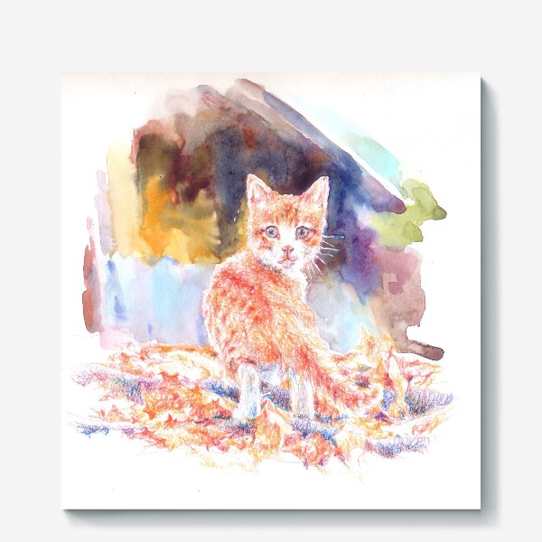 Холст «Рыжий котенок,осень ,акварельно »
