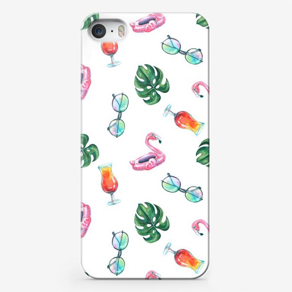Чехол iPhone «Тропические коктейли, фламинго, листья, солнечные очки. Акварельный паттерн.»