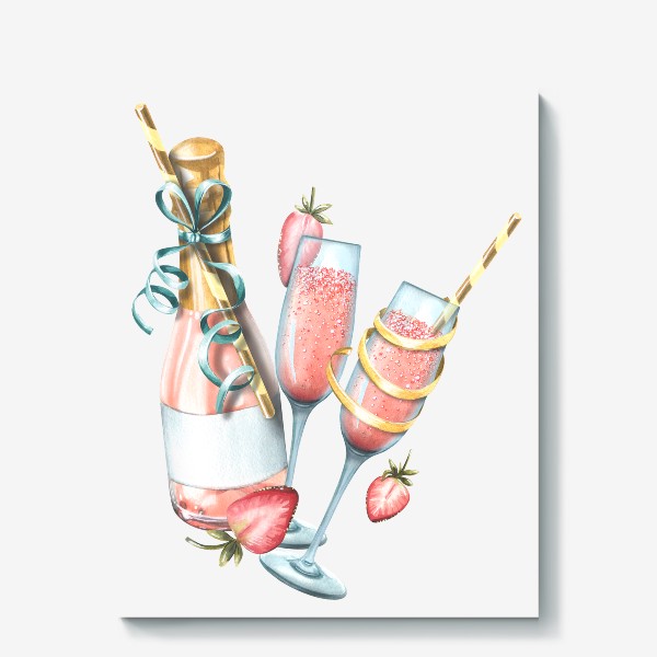 Холст &laquo;Розовое шампанское бутылка и бокалы. Акварель.&raquo;