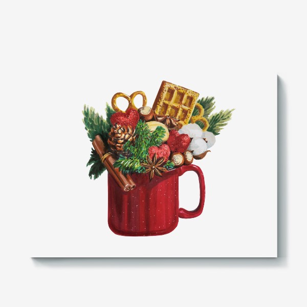 Холст «Красная новогодняя  кружка с веточками ели и вкусняшками »
