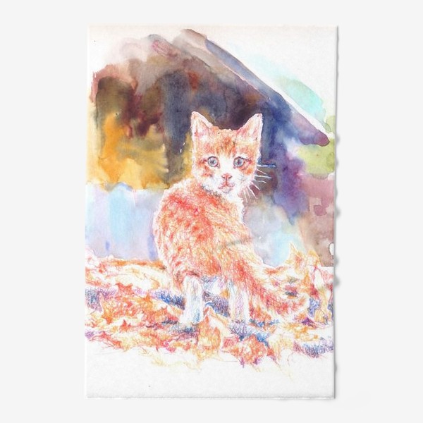 Полотенце «Рыжий котенок,осень ,акварельно »