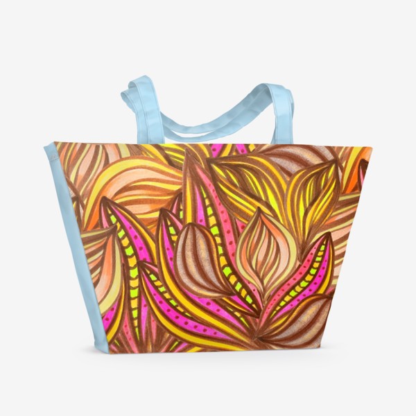 Пляжная сумка «Абстрактный этнический принт в ярких оранжевых тонах с флористическим, цветочным мотивом и орнаментом. Восточный принт.»