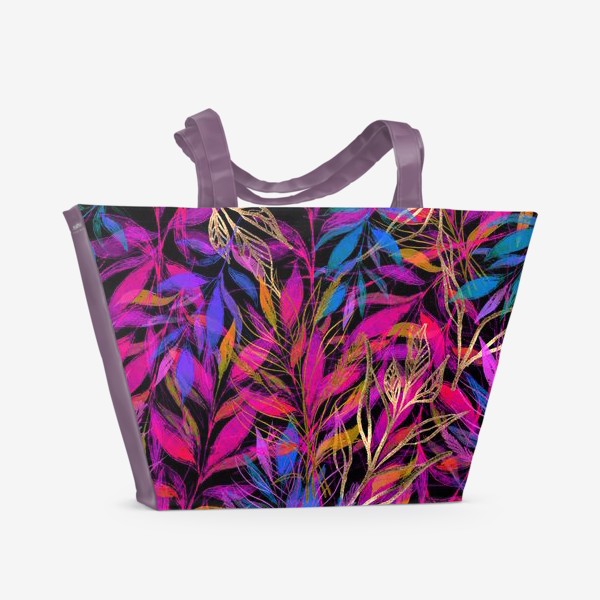 Пляжная сумка «Супер-красивый, молодежный принт с листьями. Растительный паттерн, неоновые цвета, радужные цвета. Золотые листья.»