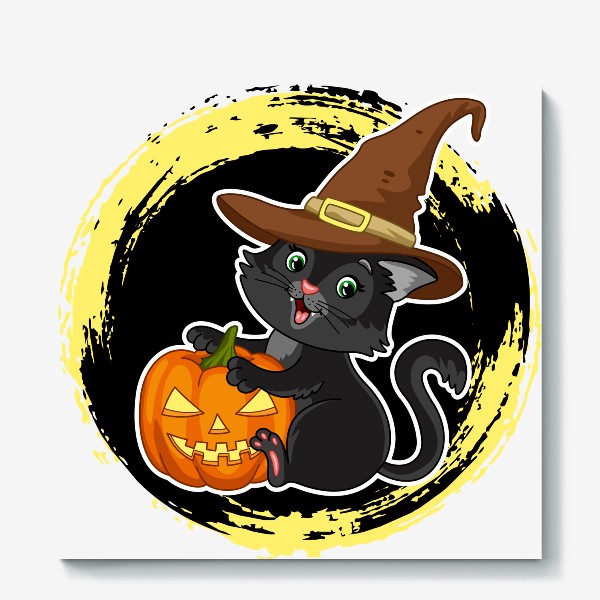 Холст «Черный кот с тыквой Хэллоуин»