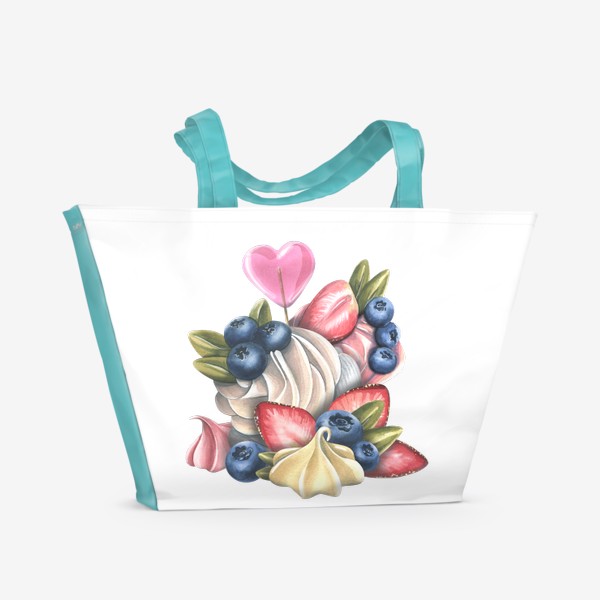 Пляжная сумка &laquo;капкейки, пирожные с ягодами и безе. Акварель.&raquo;