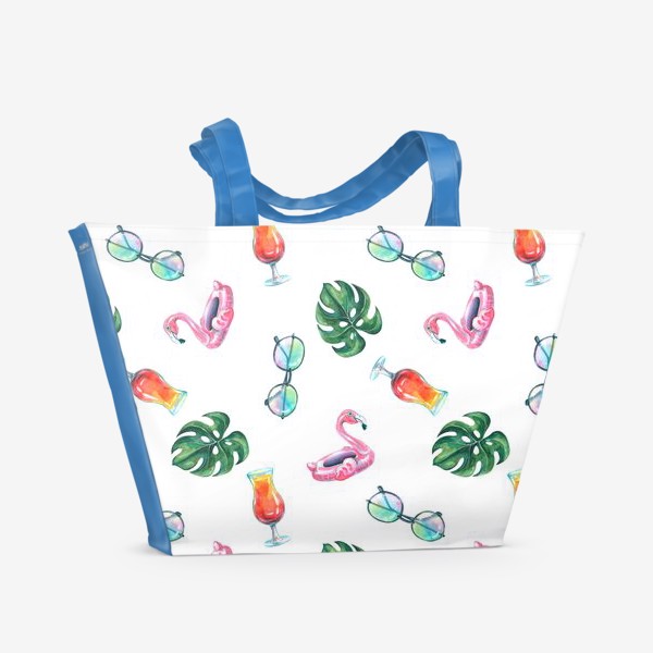 Пляжная сумка «Тропические коктейли, фламинго, листья, солнечные очки. Акварельный паттерн.»