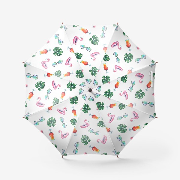 Зонт «Тропические коктейли, фламинго, листья, солнечные очки. Акварельный паттерн.»