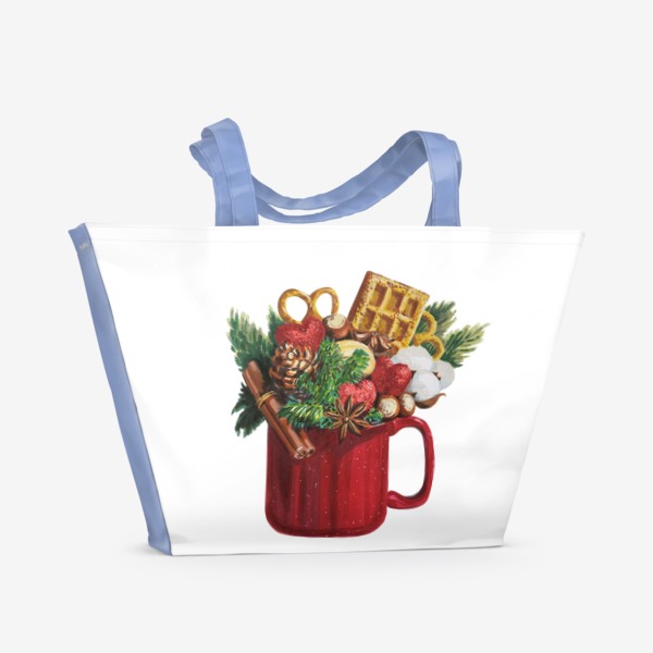 Пляжная сумка «Красная новогодняя  кружка с веточками ели и вкусняшками »