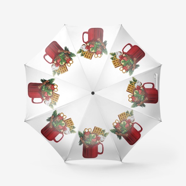 Зонт &laquo;Красная новогодняя  кружка с веточками ели и вкусняшками &raquo;