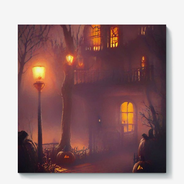 Холст «Дом с привидениями на Хэллоуин в фиолетовой дымке»