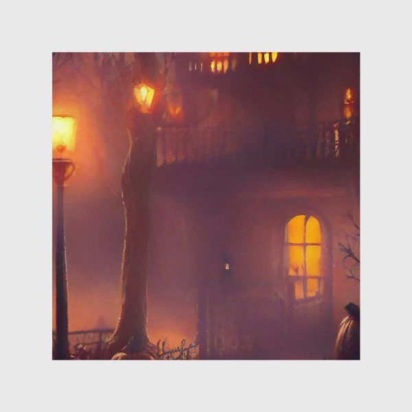 Шторы «Дом с привидениями на Хэллоуин в фиолетовой дымке»