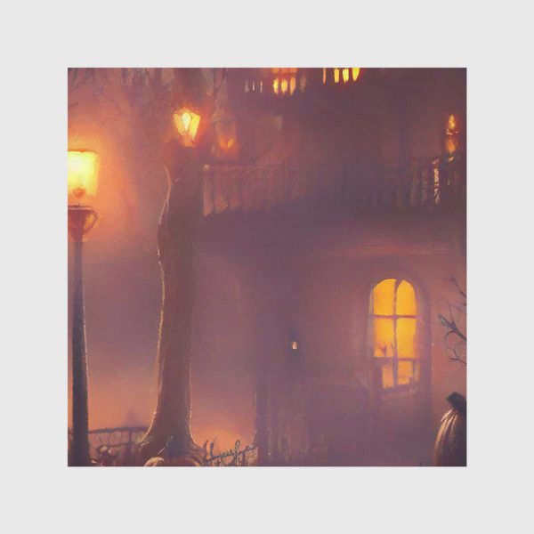Скатерть «Дом с привидениями на Хэллоуин в фиолетовой дымке»