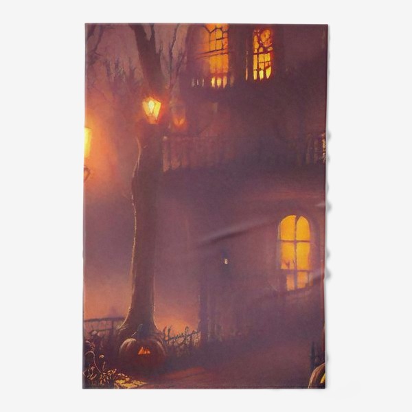 Полотенце «Дом с привидениями на Хэллоуин в фиолетовой дымке»