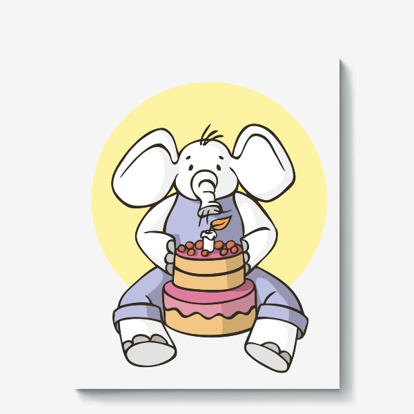 Холст «иллюстрация слон день рождения задувает свечи на торте»