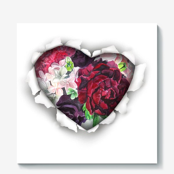 Холст «Сердце с красным цветком»