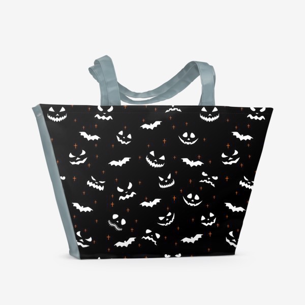 Пляжная сумка «Страшные и веселые тыквы с летучими мышами. Хэллоуин»