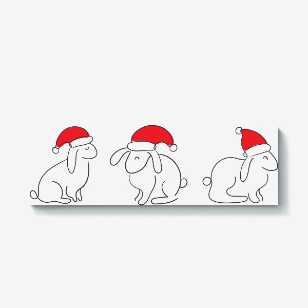 Холст «Три кролика в шапке Санты. Линейный арт. Символ Нового года 2023»