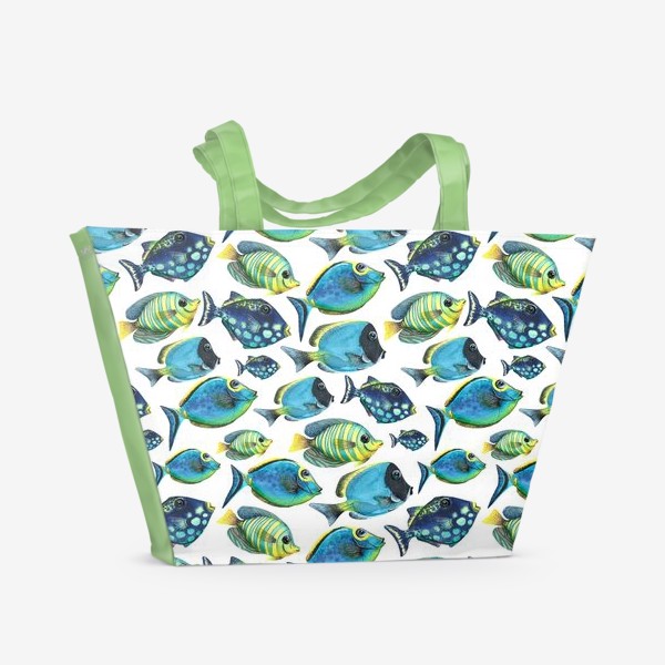 Пляжная сумка &laquo;Яркие, тропические рыбки. Акварельный паттерн.&raquo;
