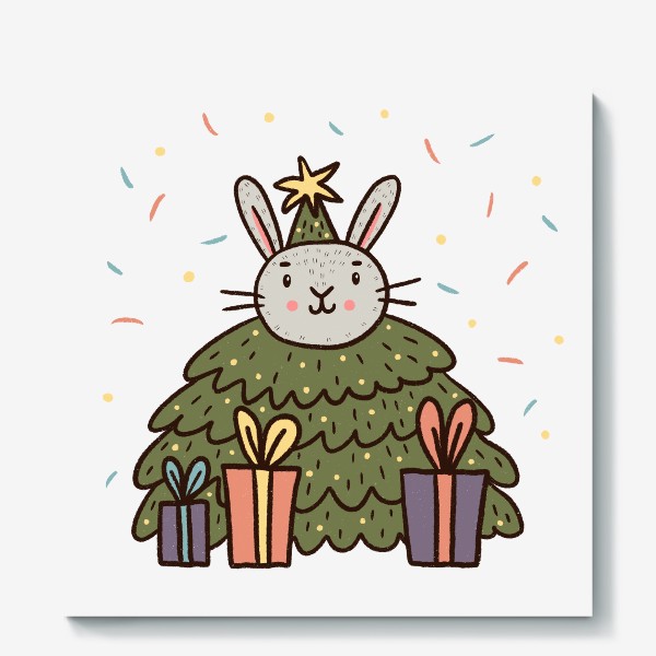 Холст «Милый кролик в костюме елочки. Год кролика. Новый год 2023»