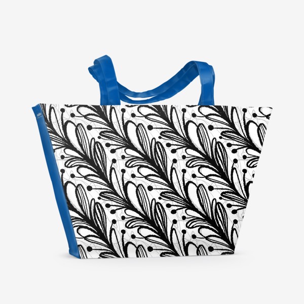Пляжная сумка «Принт для зонта и сумки, черно-белый растительный паттерн с листочками. Ручная работа тушью, графика»