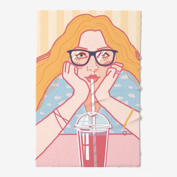 Полотенце «Девушка с волнистыми волосами пьет коктейль из полосатой трубочки»
