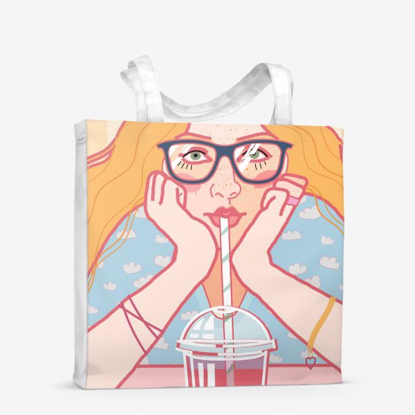 Сумка-шоппер «Девушка с волнистыми волосами пьет коктейль из полосатой трубочки»