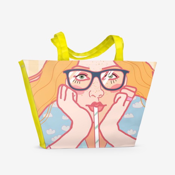 Пляжная сумка «Девушка с волнистыми волосами пьет коктейль из полосатой трубочки»