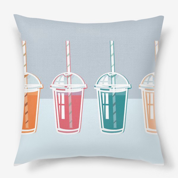 Подушка «набор коктейлей с напитками разного цвета и с полосатой трубочкой для питья»