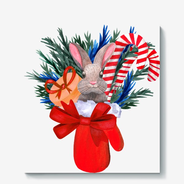 Холст «Серый новогодний заяц в красной варежки с подарком, еловыми ветками и карамельные трости»
