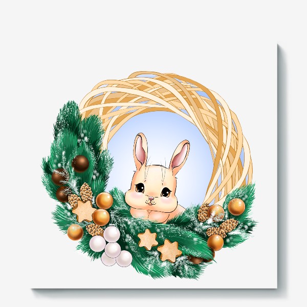 Холст «Кролик в новогоднем венке»