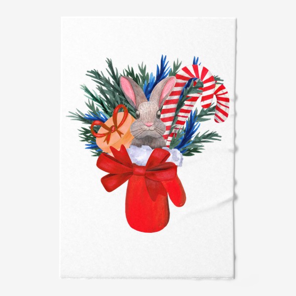 Полотенце «Серый новогодний заяц в красной варежки с подарком, еловыми ветками и карамельные трости»