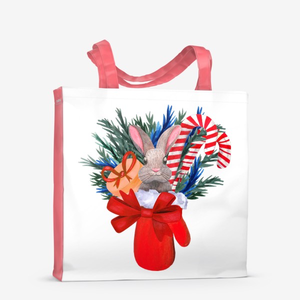 Сумка-шоппер «Серый новогодний заяц в красной варежки с подарком, еловыми ветками и карамельные трости»