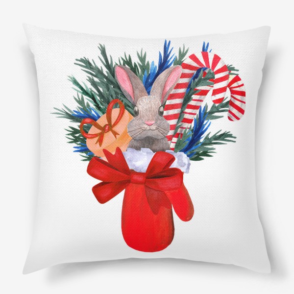 Подушка «Серый новогодний заяц в красной варежки с подарком, еловыми ветками и карамельные трости»