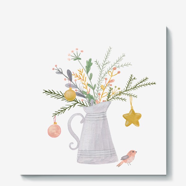 Холст «Нарисованный вручную новогодний букет с еловыми ветками и птичкой.»