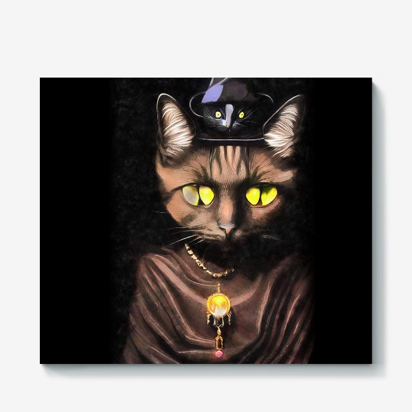 Холст «Черная кошка с янтарным кулоном и мышью на голове»
