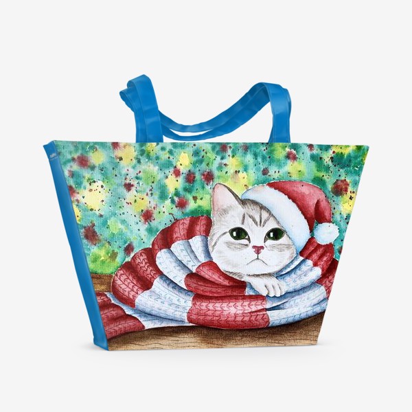Пляжная сумка «Новогодний котёнок. Акварель.»