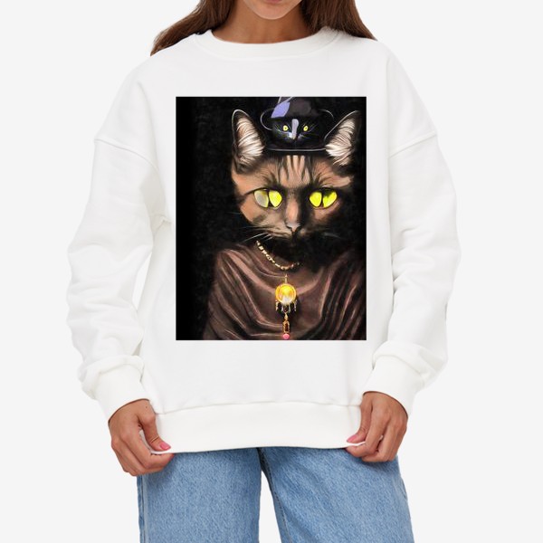 Свитшот «Черная кошка с янтарным кулоном и мышью на голове»
