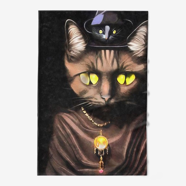 Полотенце &laquo;Черная кошка с янтарным кулоном и мышью на голове&raquo;