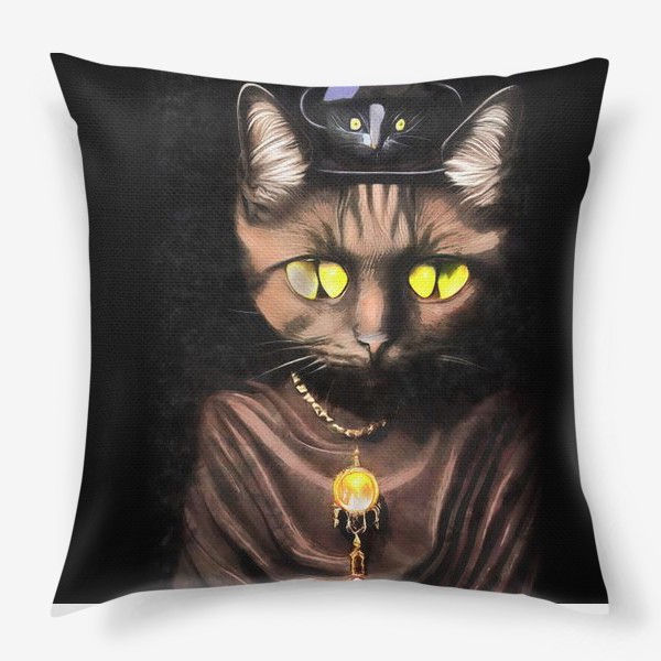 Подушка «Черная кошка с янтарным кулоном и мышью на голове»