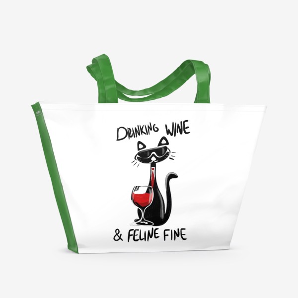 Пляжная сумка «Drinking wine, feline fine»