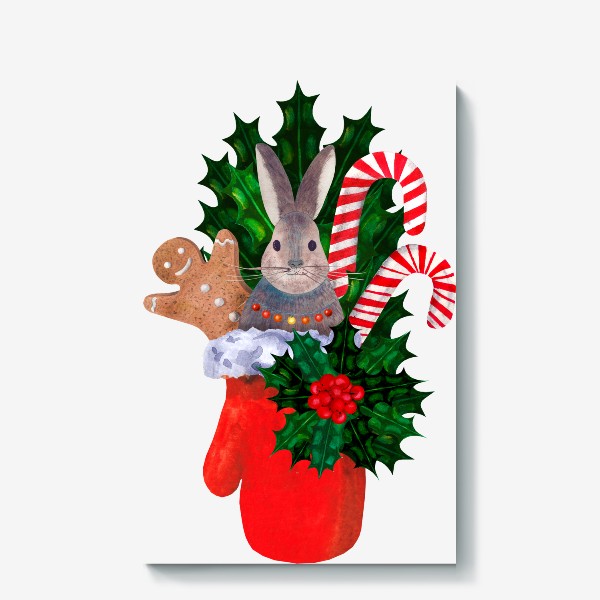 Холст «Новогодняя красная рукавичка с зайцем, карамельными посохами, остролистом и пряничным человечком»