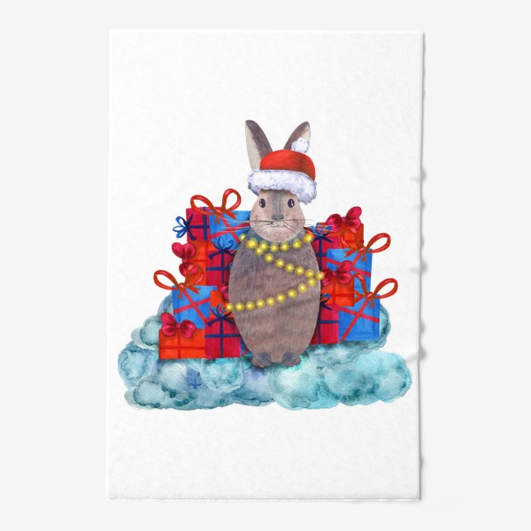 Полотенце «Новогодний зайчик сидит рядом с горой подарков»
