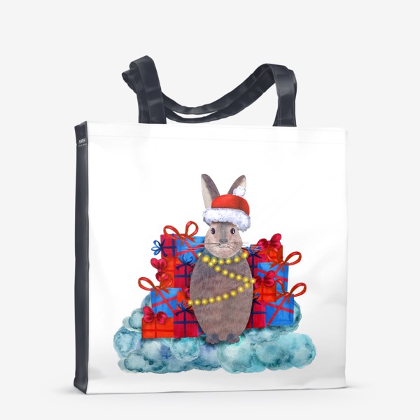 Сумка-шоппер «Новогодний зайчик сидит рядом с горой подарков»