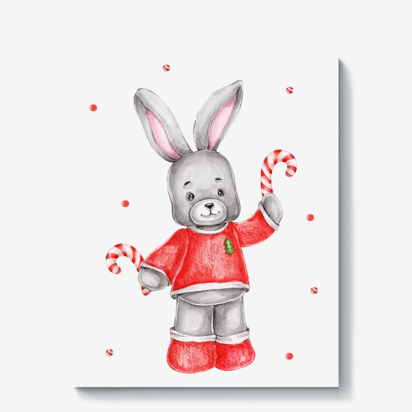 Холст «Новогодний заяц в красном свитере с леденцами»