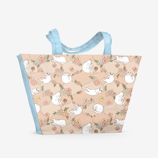 Пляжная сумка «Милые котейки на бежевом в цветах»