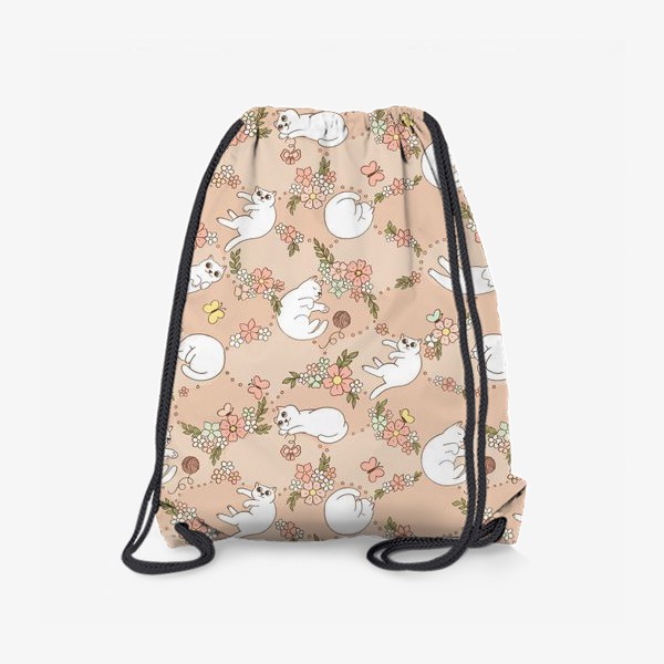 Рюкзак «Милые котейки на бежевом в цветах»