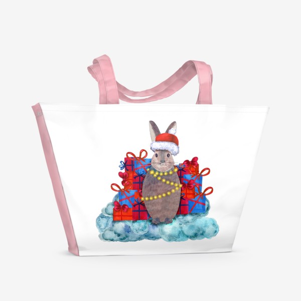 Пляжная сумка «Новогодний зайчик сидит рядом с горой подарков»