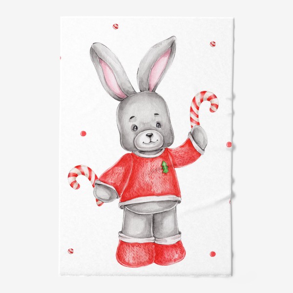 Полотенце «Новогодний заяц в красном свитере с леденцами»