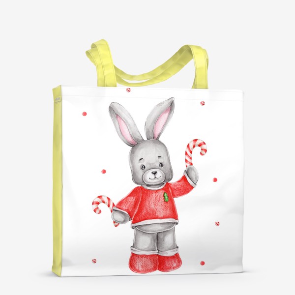 Сумка-шоппер «Новогодний заяц в красном свитере с леденцами»