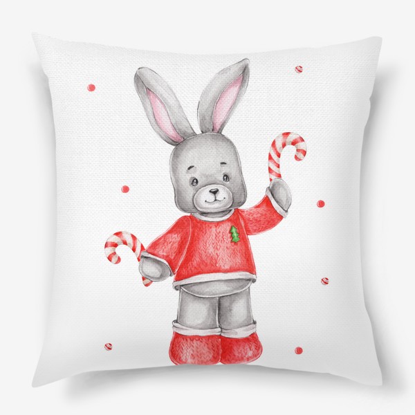 Подушка «Новогодний заяц в красном свитере с леденцами»
